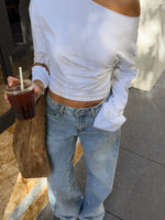 Falling For Him Cinched Waist Off Shoulder Long Sleeve Top White