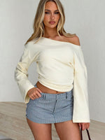 Falling For Him Cinched Waist Off Shoulder Long Sleeve Top Butter