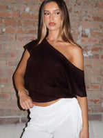 Can't Change My Mind Off Shoulder Cinched Top Chocolate