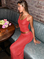 Star Shining Sequin Knit Maxi Skirt Red