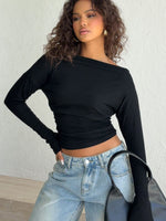 Another Time Cinched Waist Long Sleeve Top Black