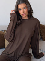 Come A Long Way Soft Lounge Long Sleeve Ribbed Tee Chocolate