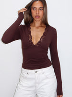 Knew That All Along Lace Trim Long Sleeve Top Chocolate