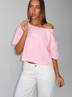 Need More Time Off Shoulder Oversized Tee Pink